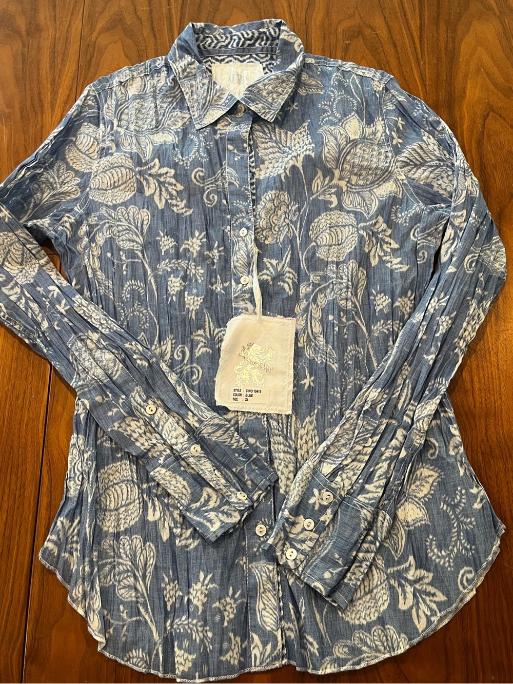 Cina Blue Floral Cotton Button-Up Shirt